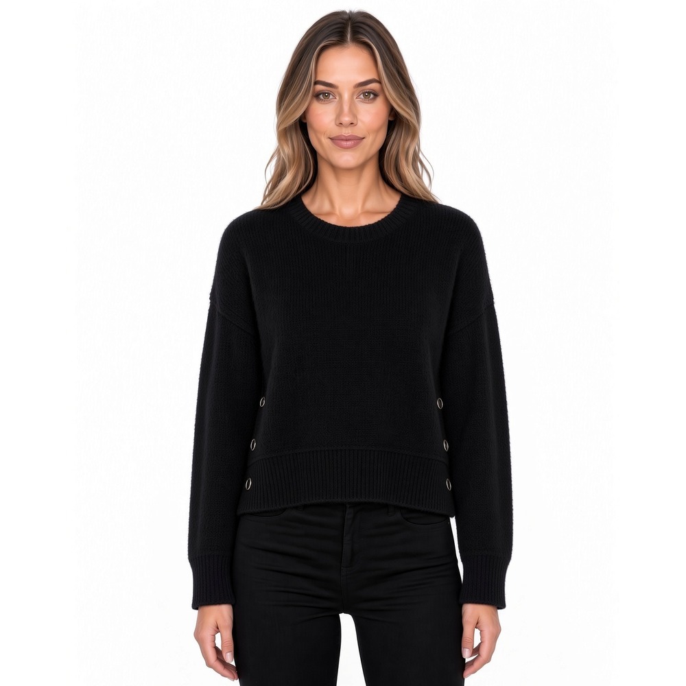 Topshop Black Cropped Knit Sweater Snap Side Detail Crew Neck Size 6